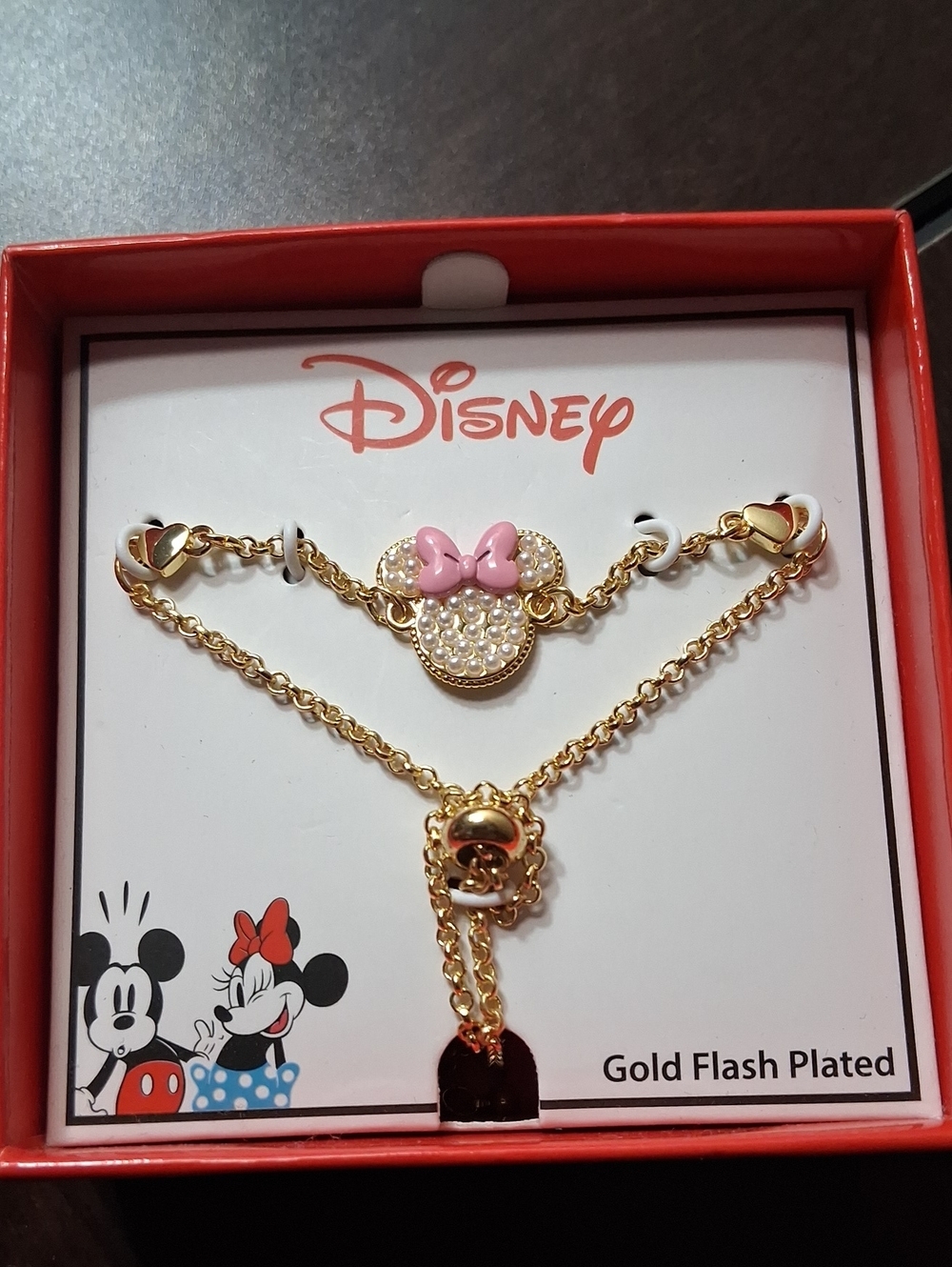 Disney Gold Minnie Pearl Accent Necklace with Pink Bow